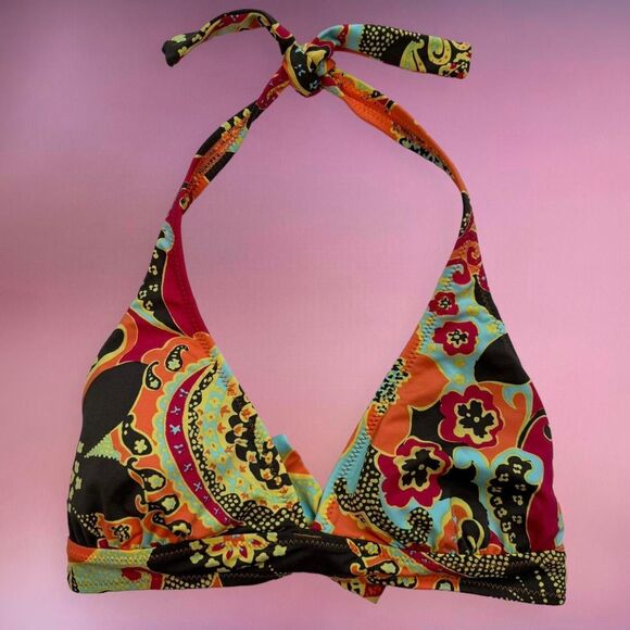 y2k coconut girl style multicolor orange paisley floral halter tie bikini top🎀 - Picture 3 of 7